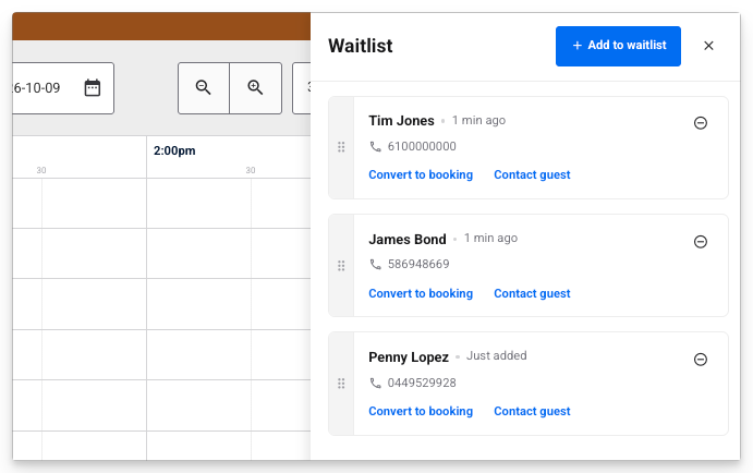 POS waitlist panel listing guests, with options to convert each entry to a booking or contact the guest by SMS